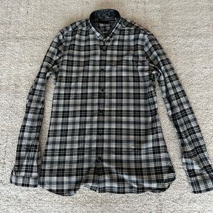 Kooples black and white flannel shirt, Leather collar, metal button detail.